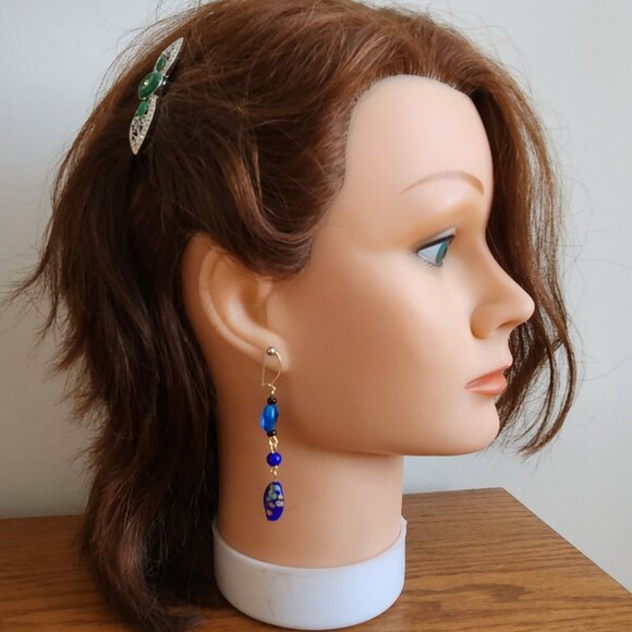 VINTAGE MURANO COBALT BLUE MILLEFIORI GLASS BEADS NECKLACE AND EAR RINGS SET - Picture 5 of 6